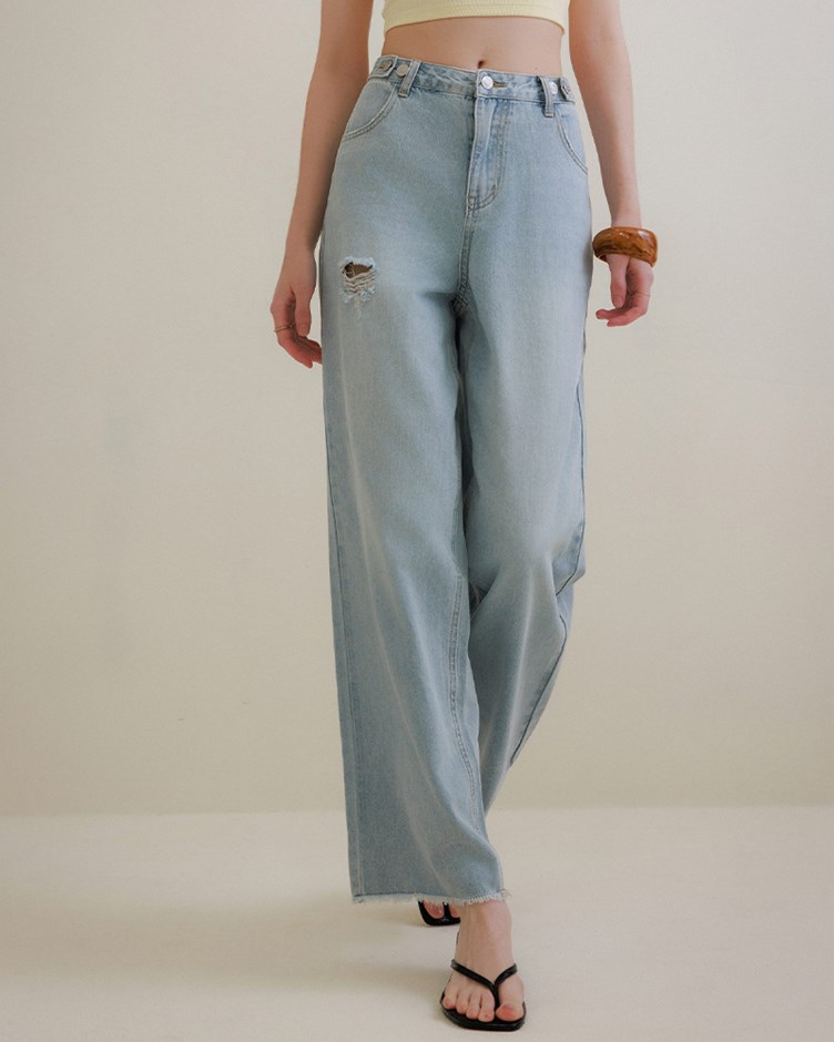 雙段腰釦水洗軟牛仔直筒褲(yoyo聯名款)