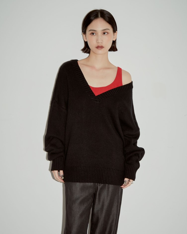 V領粗織寬鬆針織上衣