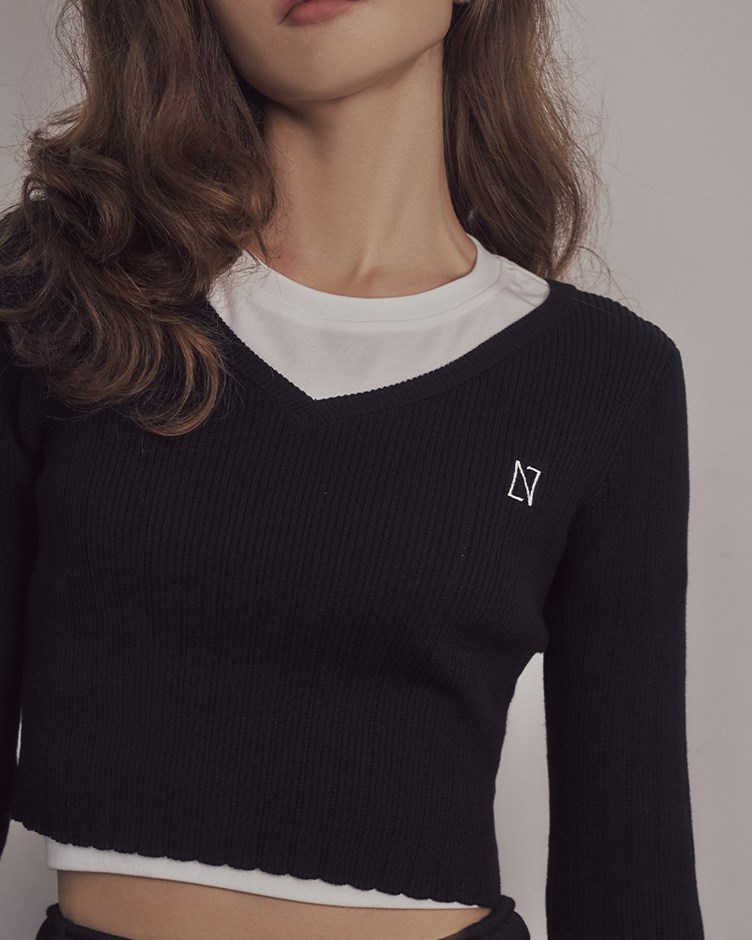 V領細紋路針織短版上衣(ME.)