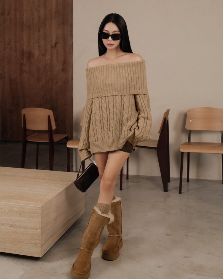 一字領麻花毛衣