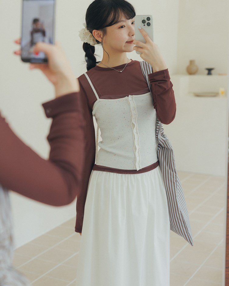 極彈透肌網紗圓領長袖上衣