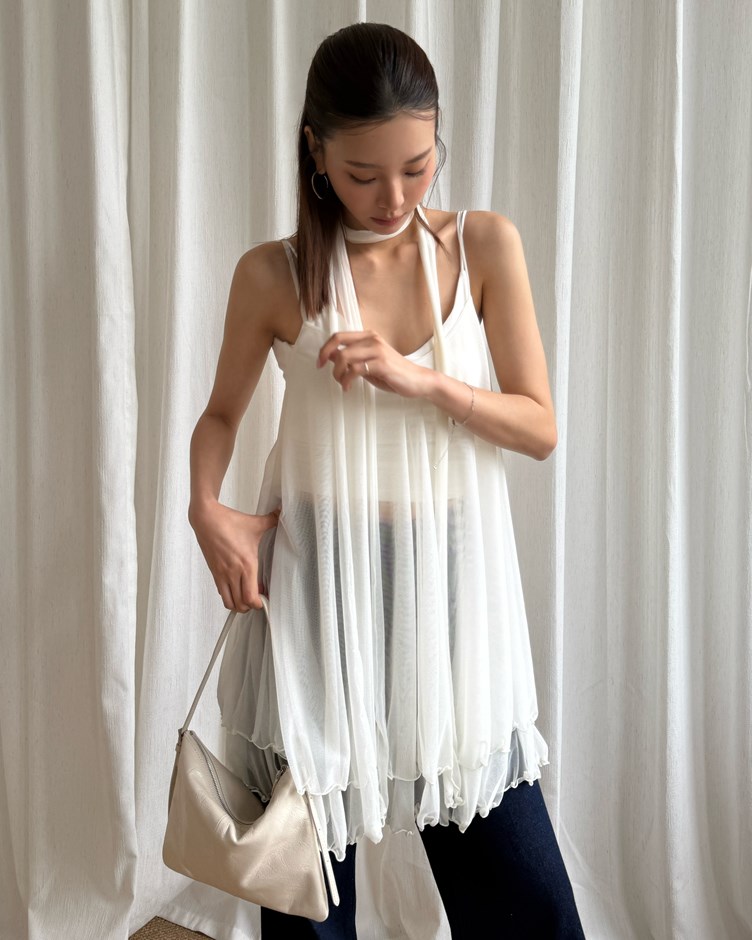 層次網紗透膚飄逸短洋裝