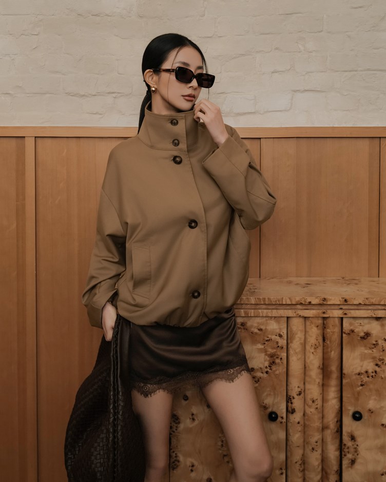 金棕立領寬鬆風衣外套