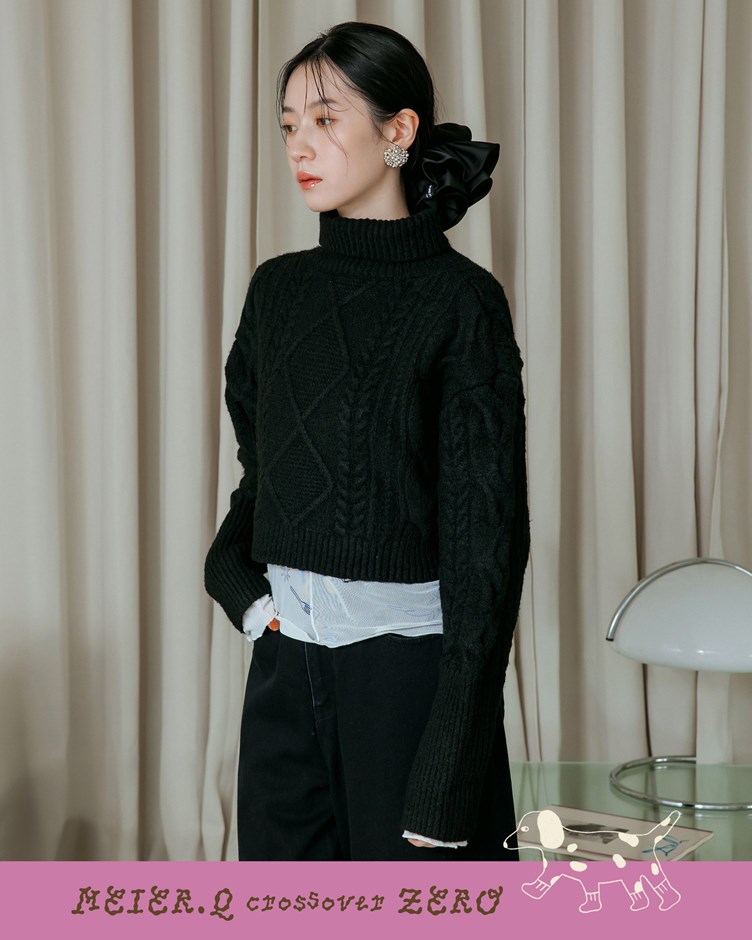 zero-高領麻花短版針織毛衣
