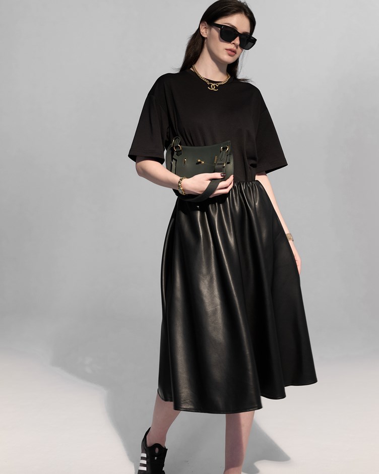 法式立體剪裁皮革中長裙