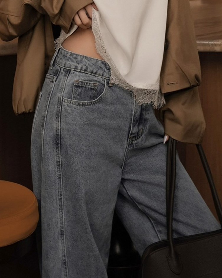 側剪接落地牛仔長褲