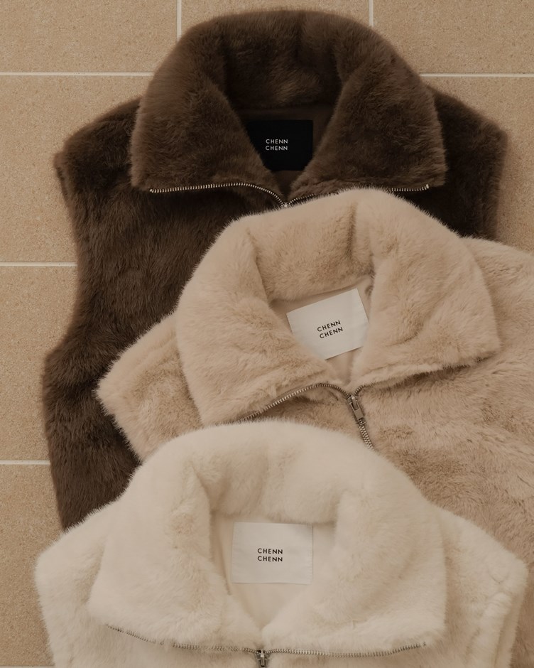 仿貂毛翻領背心外套