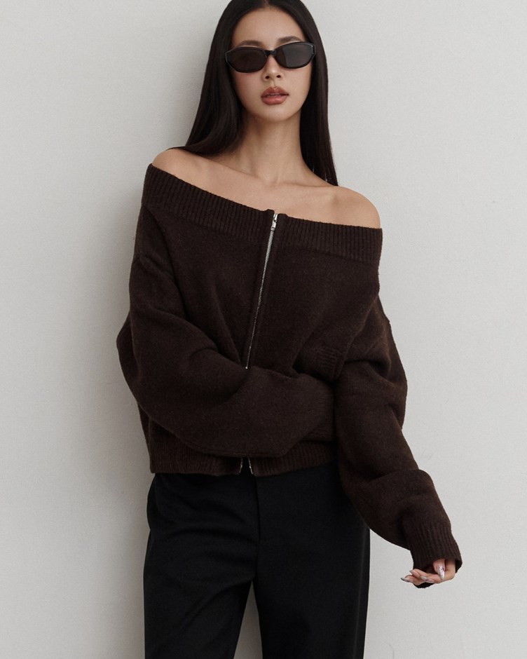 mi雙拉鍊一字領毛衣