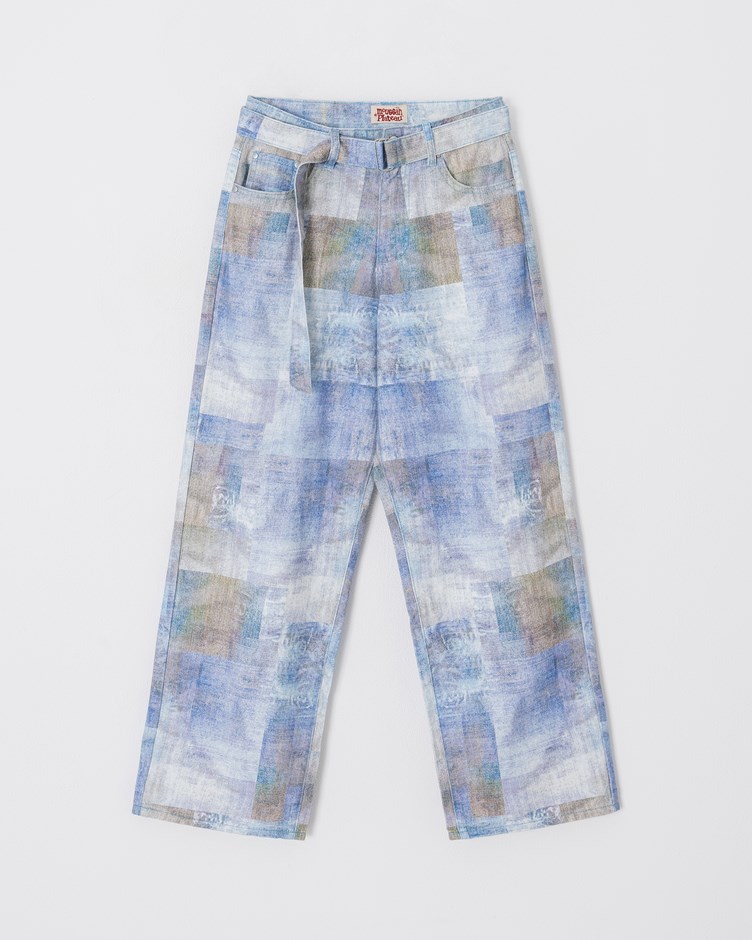 拼接丹寧印刷長褲