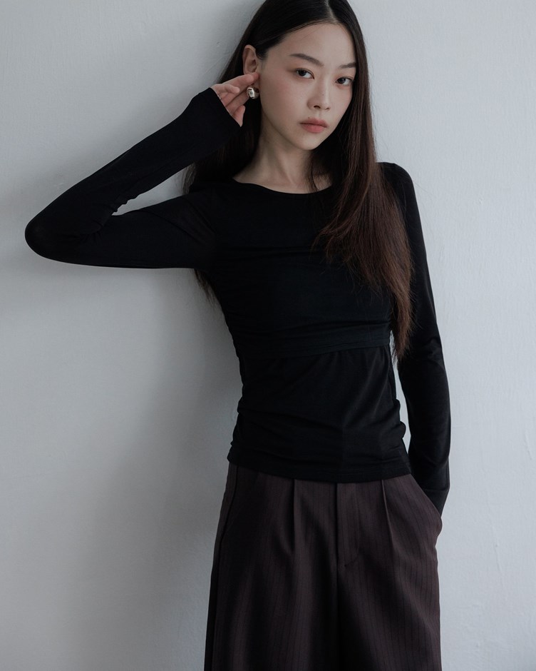 雙層抽皺拼紗長袖上衣