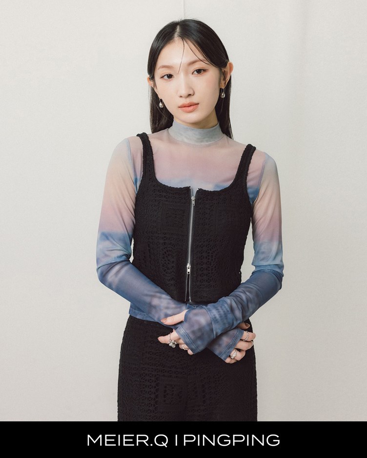 pingping-拉鍊花邊織圖背心