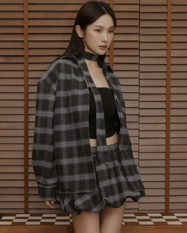 毛呢感格紋襯衫(附領巾)