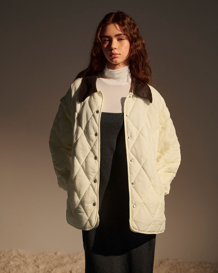 菱格衍縫可拆式翻領鋪棉外套