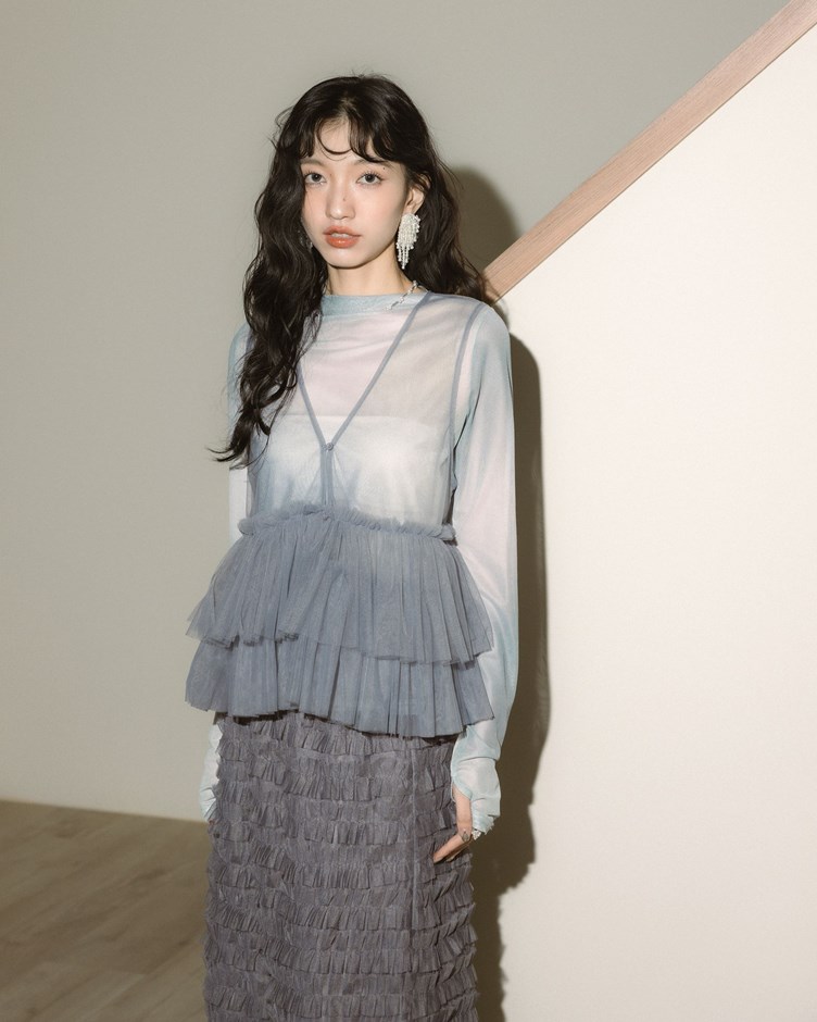 層次透肌荷葉網紗背心