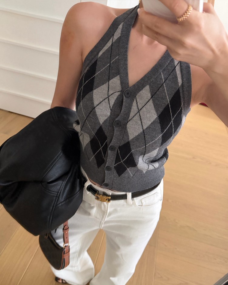 繞頸針織排釦背心(22)