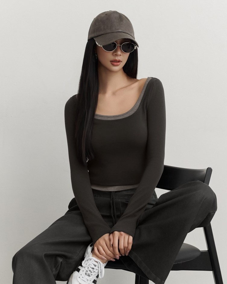 假兩件大U領棉質長袖