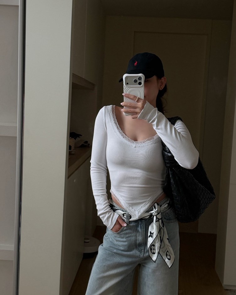 蕾絲V領長袖上衣