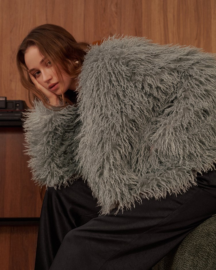 無領暗釦仿皮草外套