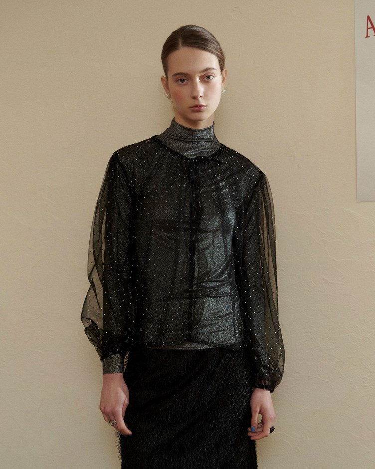 閃亮鑽透肌網紗上衣