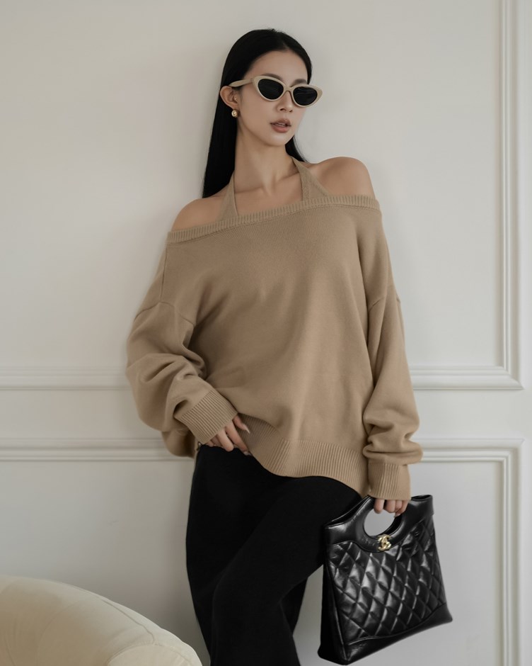 兩件式針織繞脖背心毛衣