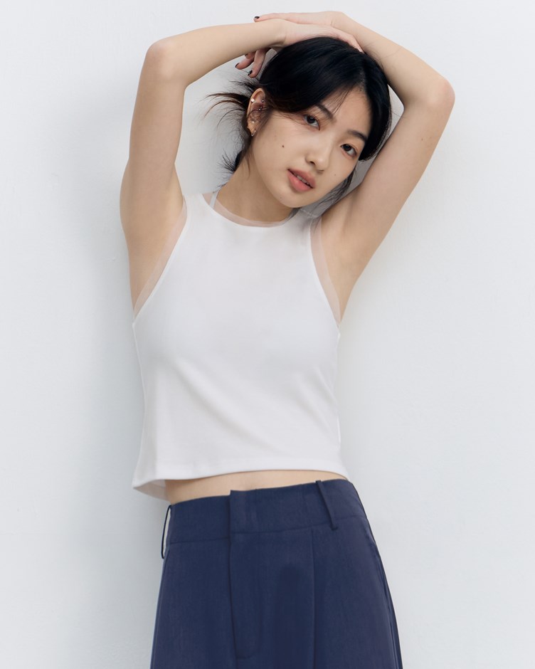 網紗滾邊削肩背心