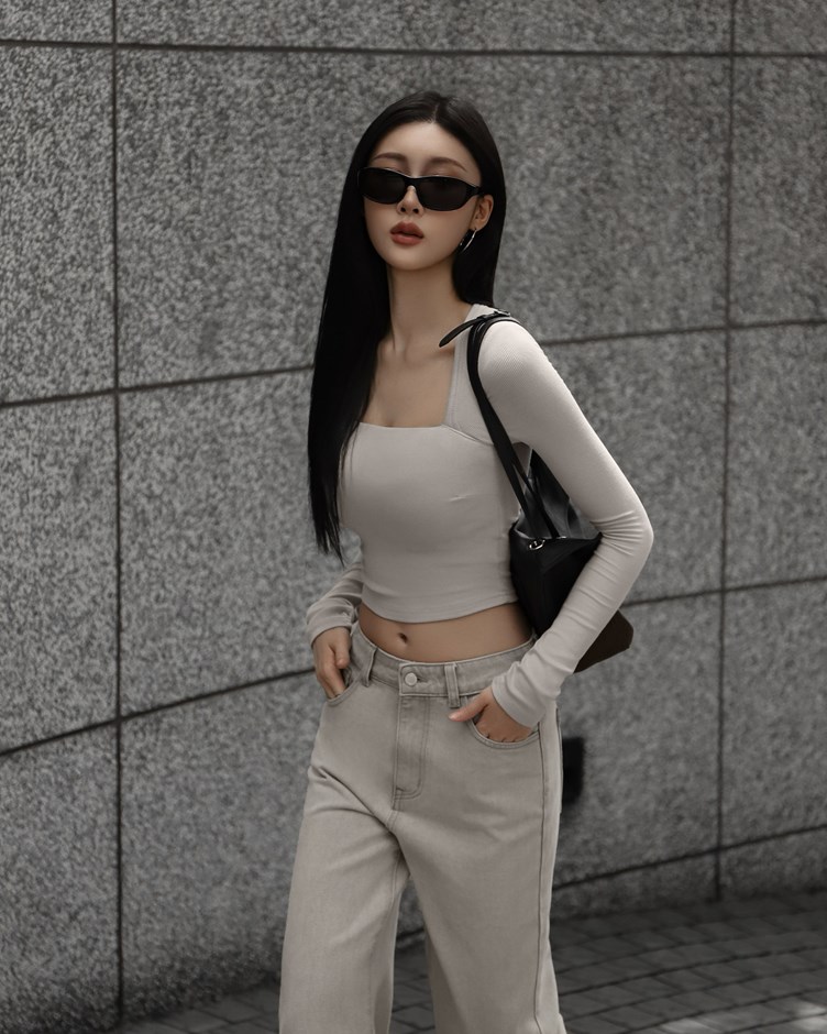 梯形領羅紋長袖BRATOP