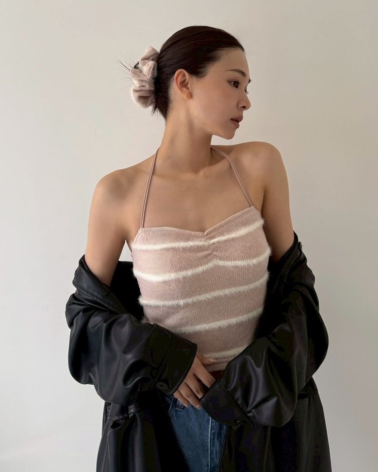 桃心領條紋針織綁帶背心(附大腸圈)