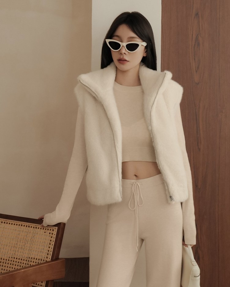 仿貂毛翻領背心外套