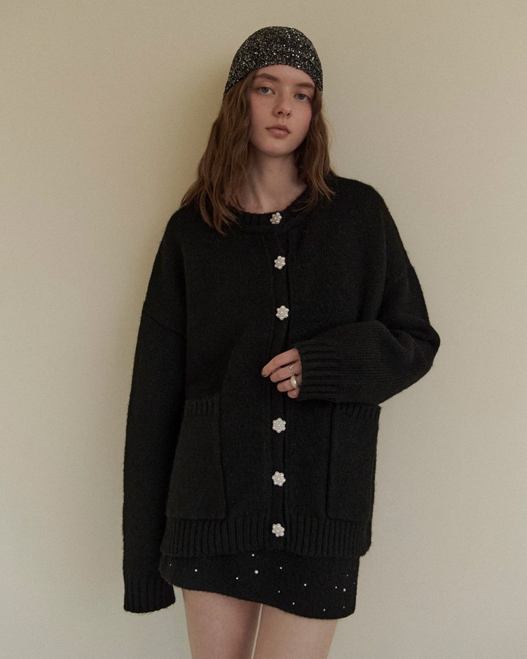 舒適羊駝毛花朵珍珠釦外套