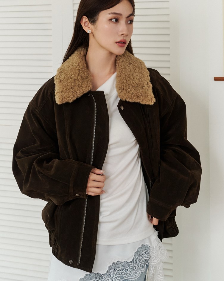 羊羔領麂皮工裝短版外套