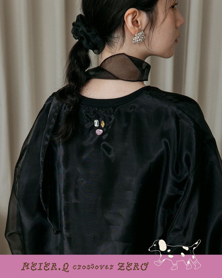 zero-寶石拼紗圓領長袖上衣(附綁帶)