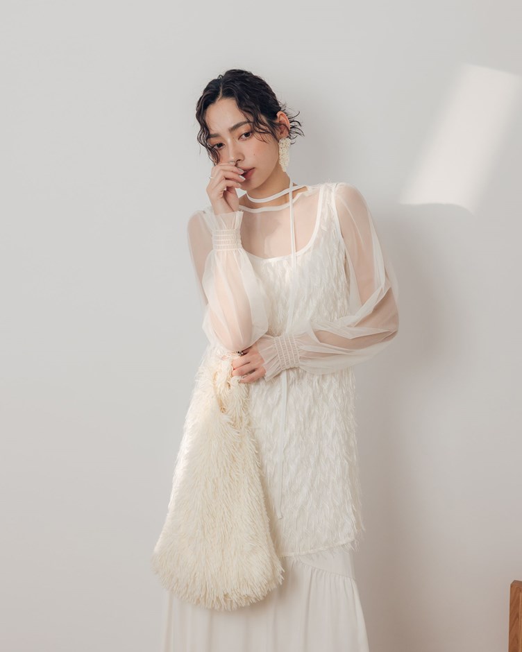 復古光澤毛毛微透外罩背心(附綁帶)