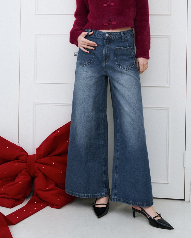 圓弧口袋刷色牛仔寬褲