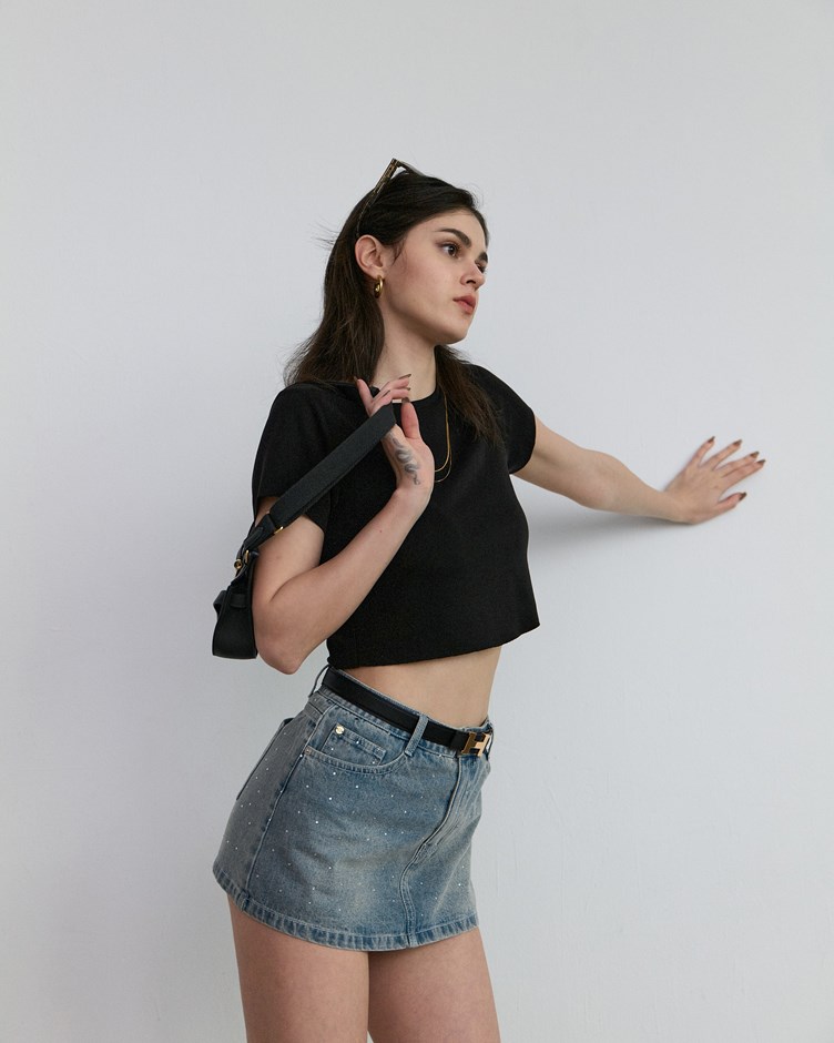 純棉水鑽💎｜刷色丹寧迷你褲裙