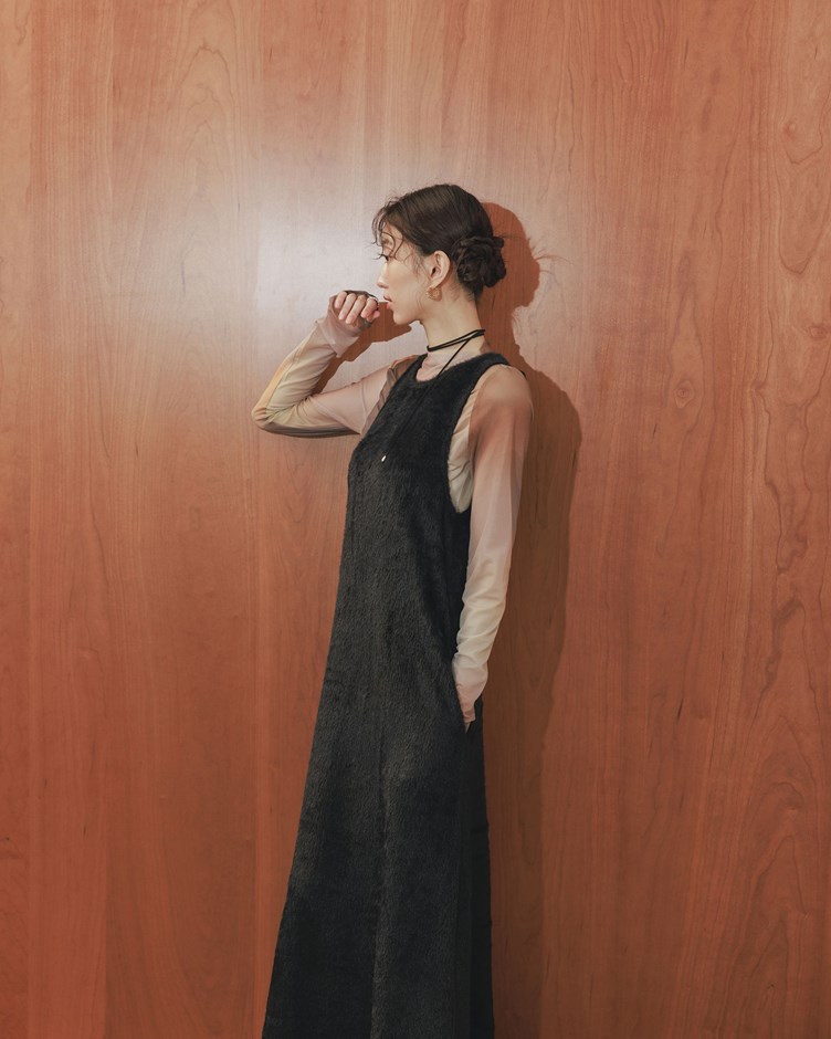 細柔毛毛背心長洋裝