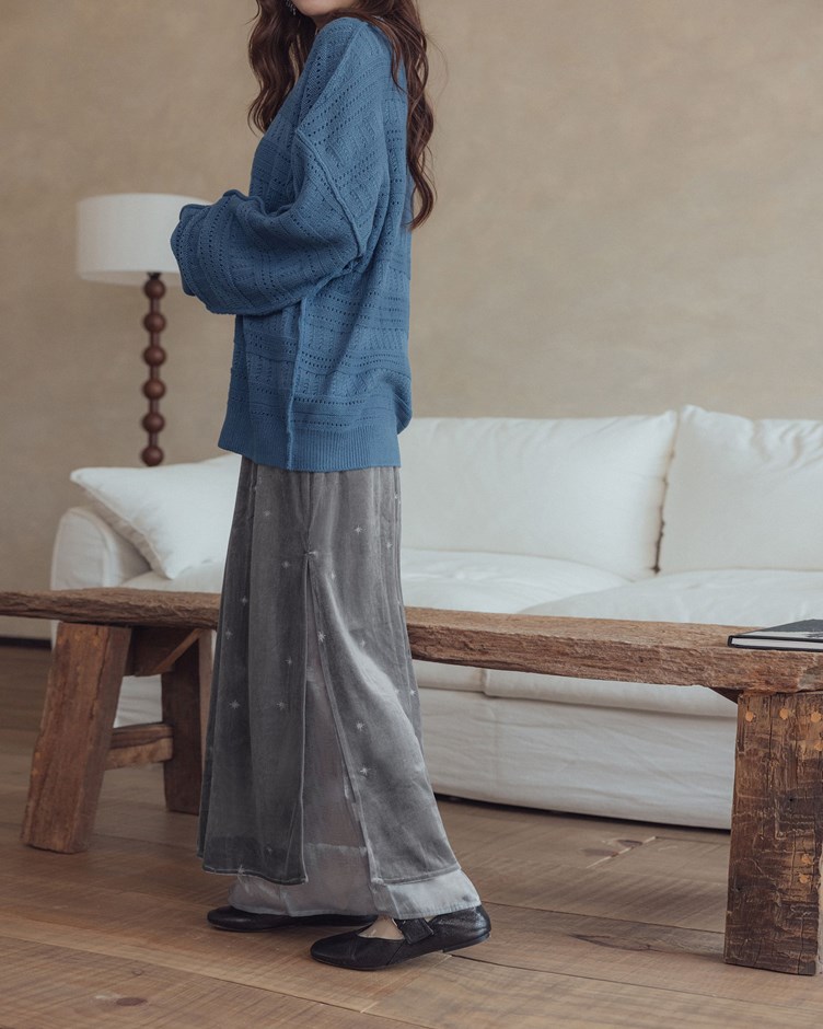 星星側開岔拼接絨面長裙