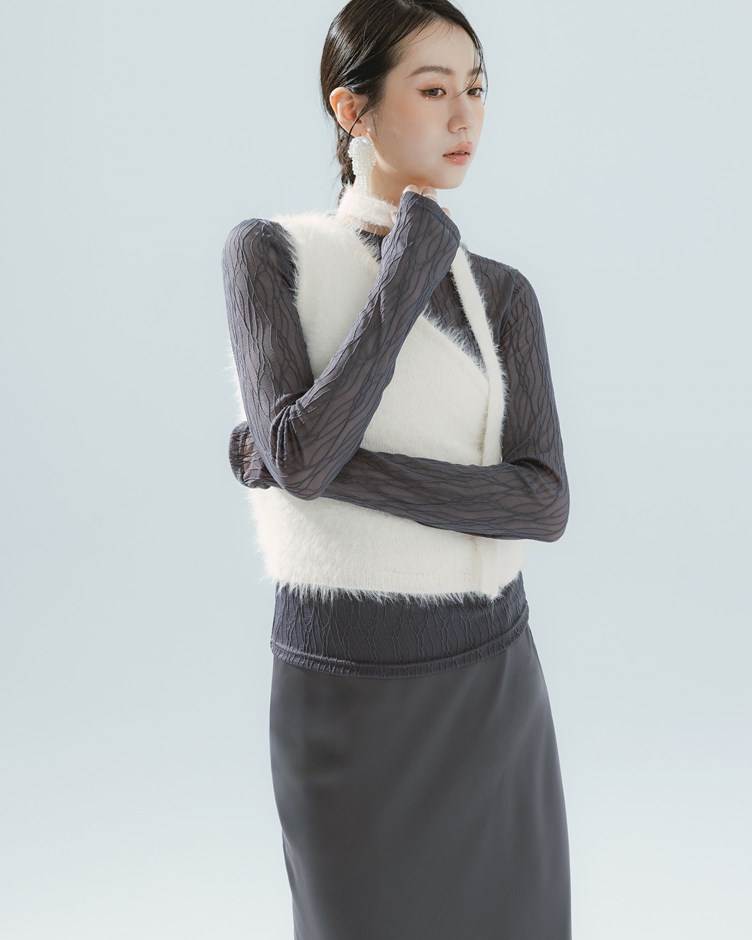慵懶仿貂毛斜肩背心(附綁帶)