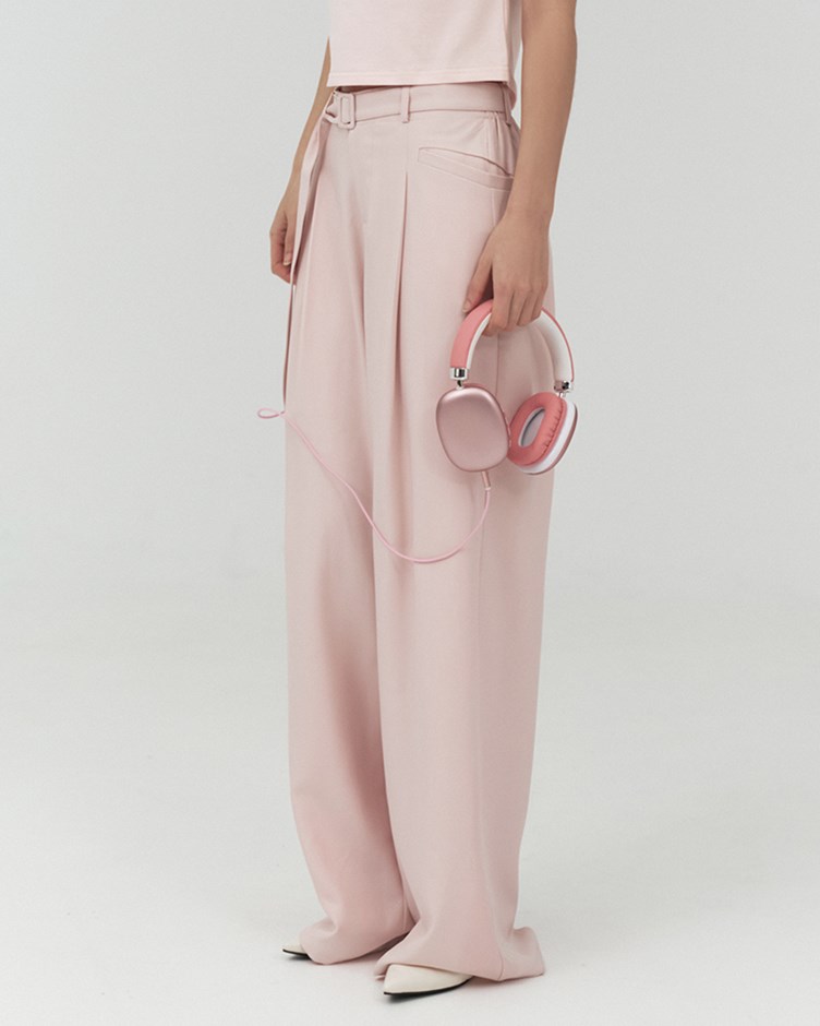 腰帶打摺後鬆緊寬褲