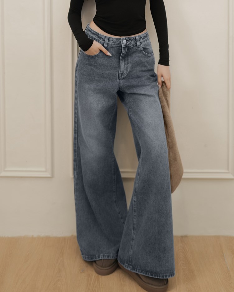 中腰刷色牛仔落地寬褲