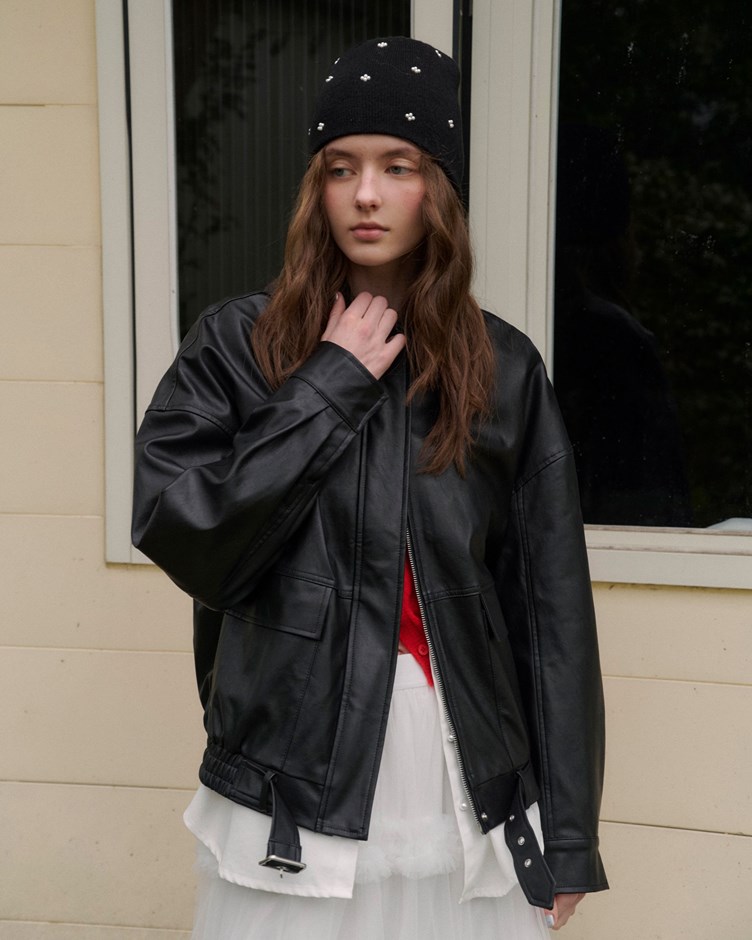 水洗感腰帶配飾皮革外套