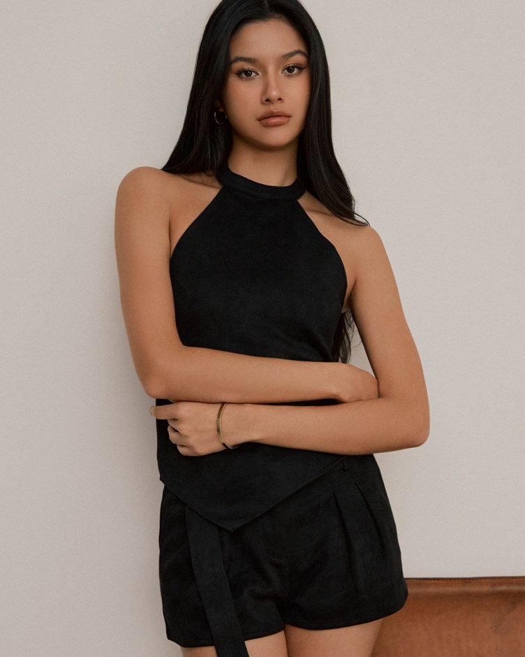 高領麂皮斜擺背心