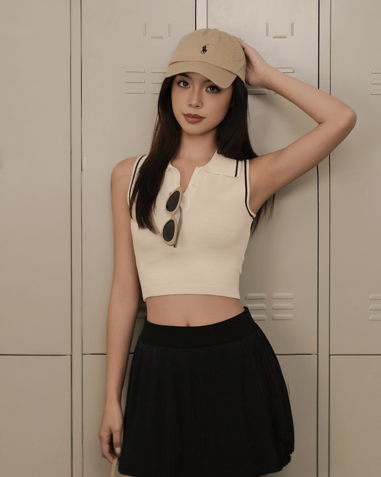 撞色削肩翻領針織背心