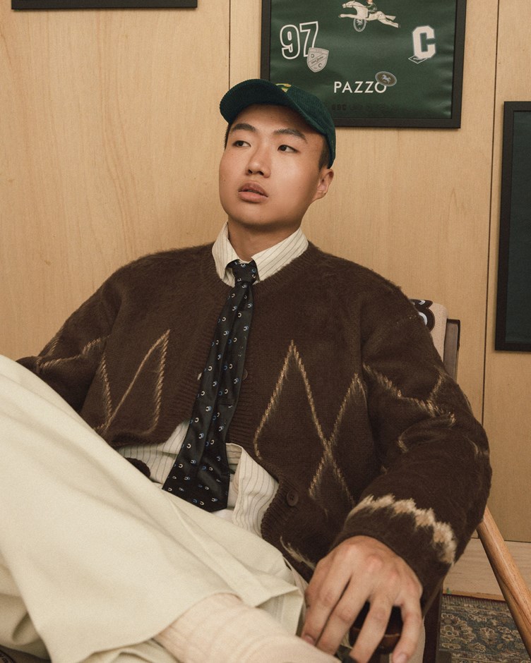 菱格紋磨毛感圓領針織外套(金針菇&黃大謙聯名款)