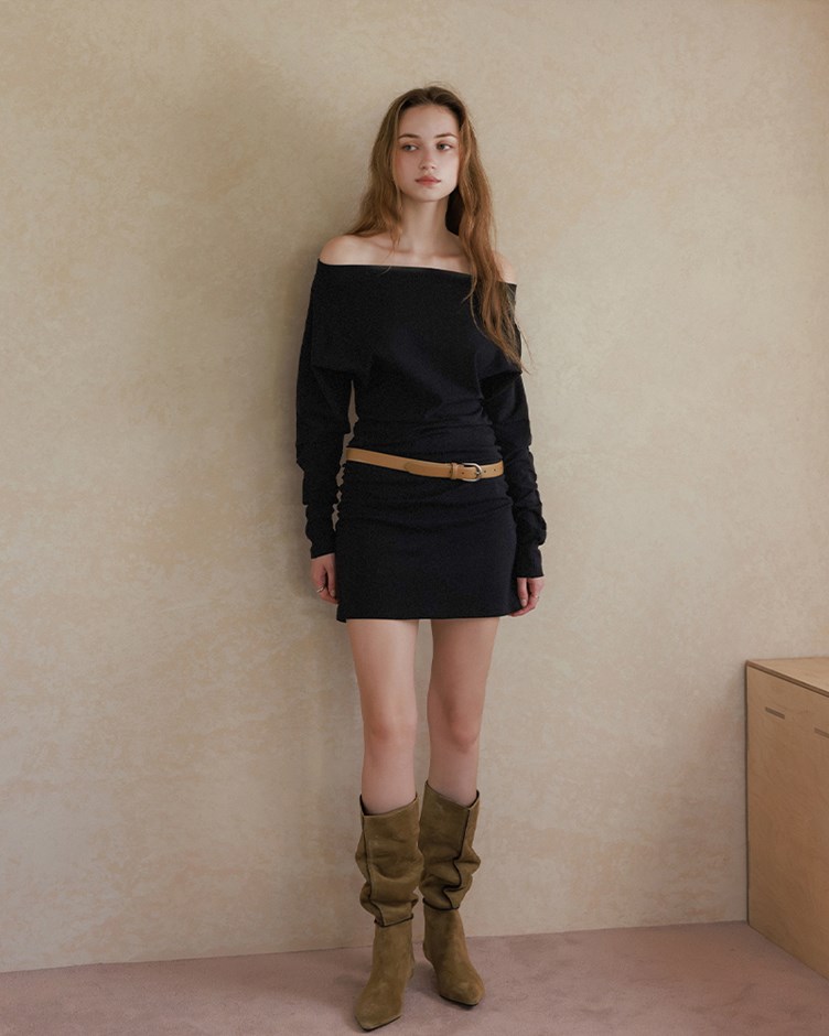 棉質斜肩長袖短洋裝