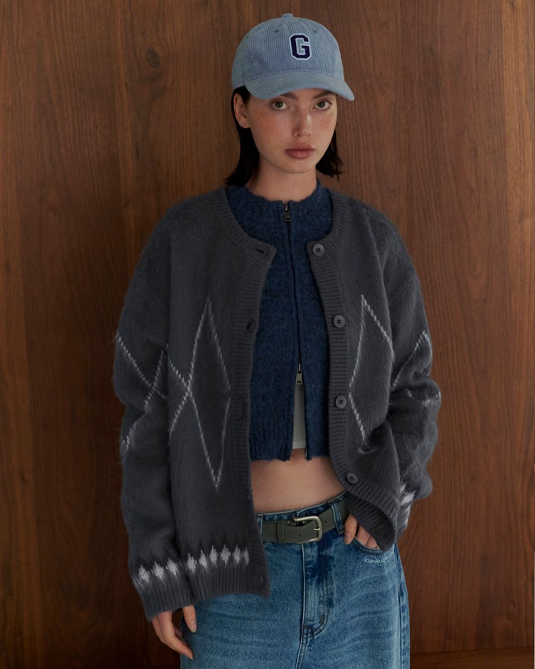 菱格紋磨毛感圓領針織外套(金針菇&黃大謙聯名款)