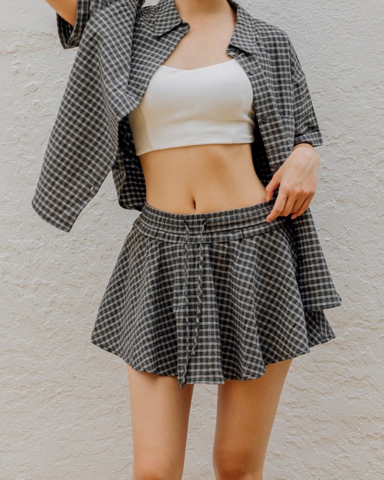 抽繩格紋棉麻小澎裙