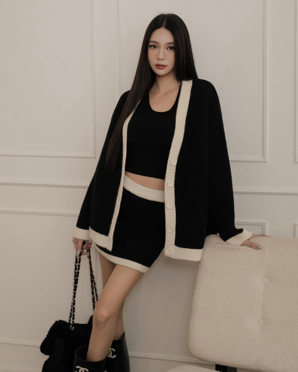 撞色開釦針織外套