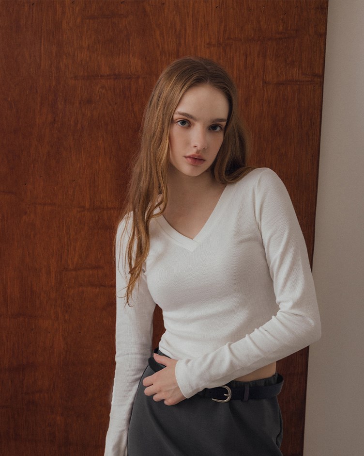 羅紋V領長袖上衣