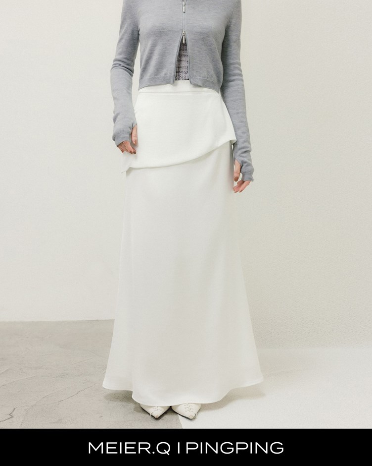 pingping-光澤緞面不對稱層次魚尾裙(附外罩)