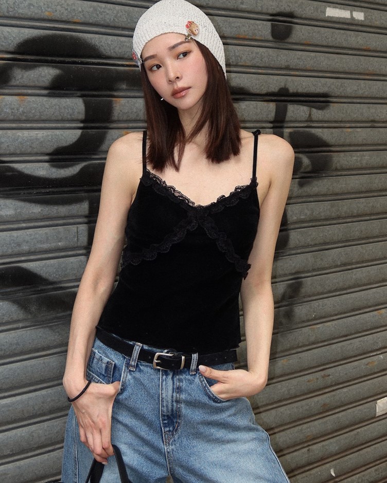 植絨網紗蕾絲細肩背心